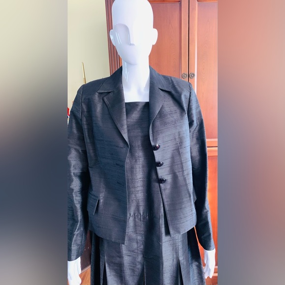 Shiny black silk long pleated dress with slits and short blazer 2 Pc suit US 12 - Picture 4 of 16